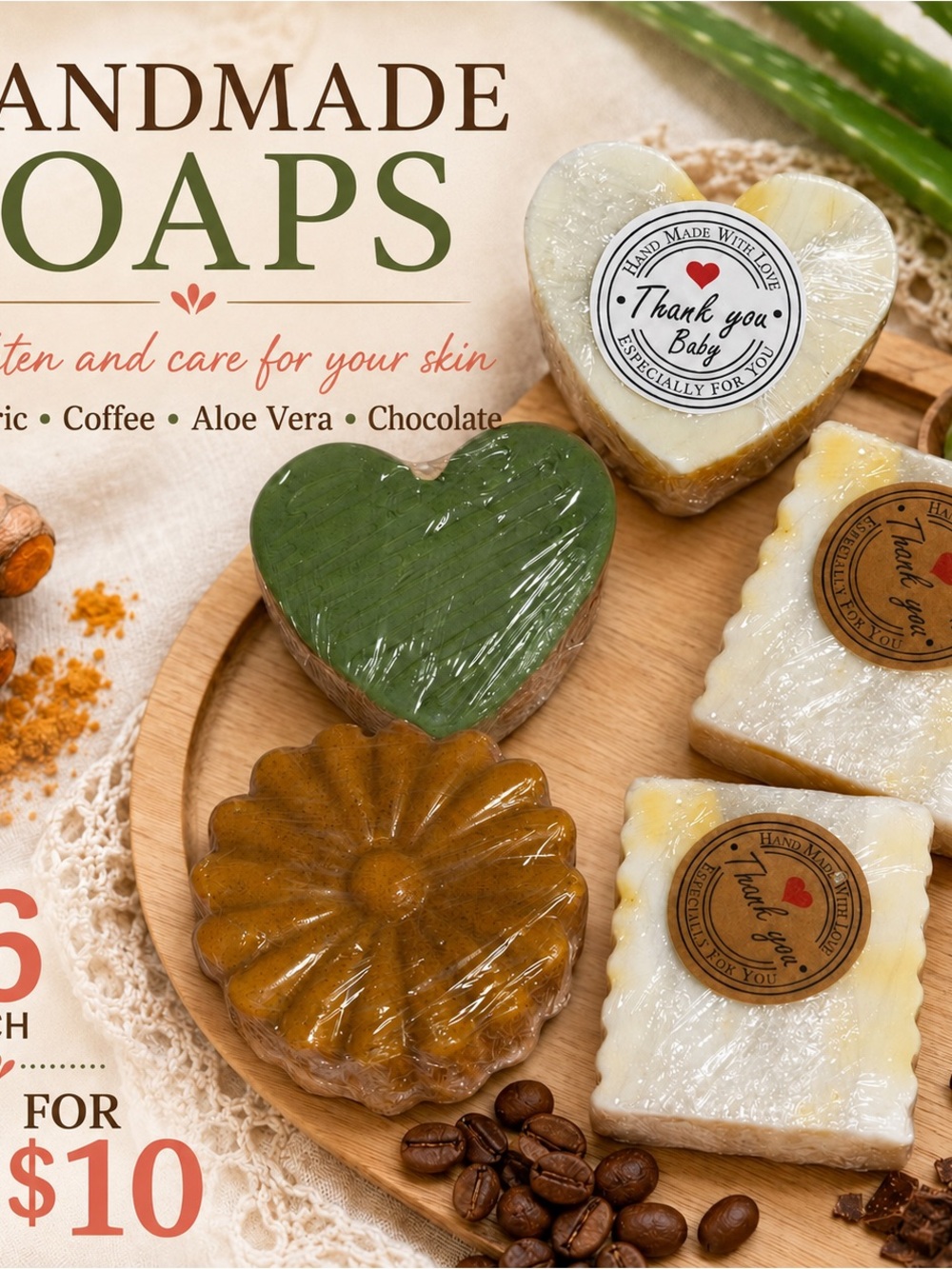 Handmade Soaps - Aloe Vera, Coffee & Shea Scents (Green, White, Brown)